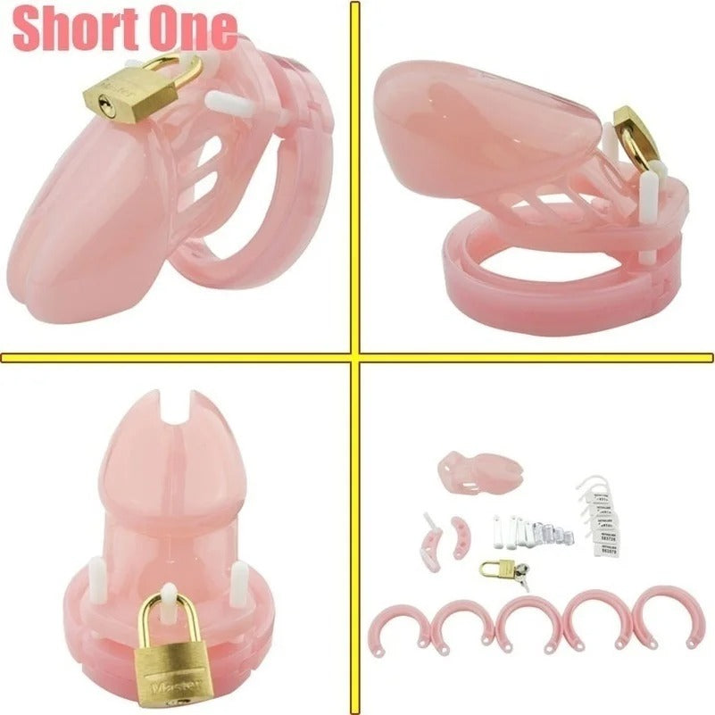 Plastic male chastity cage short size in pink color