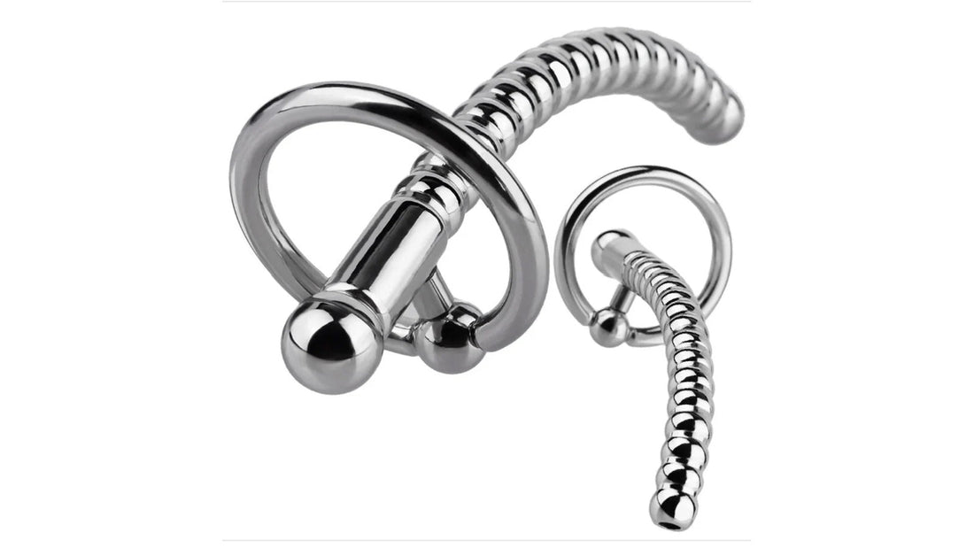 Stainless steel curved ribbed penis plug set with multiple sizes and ring handle