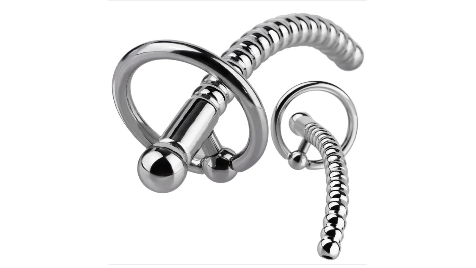 Stainless steel curved ribbed penis plug set with multiple sizes and ring handle