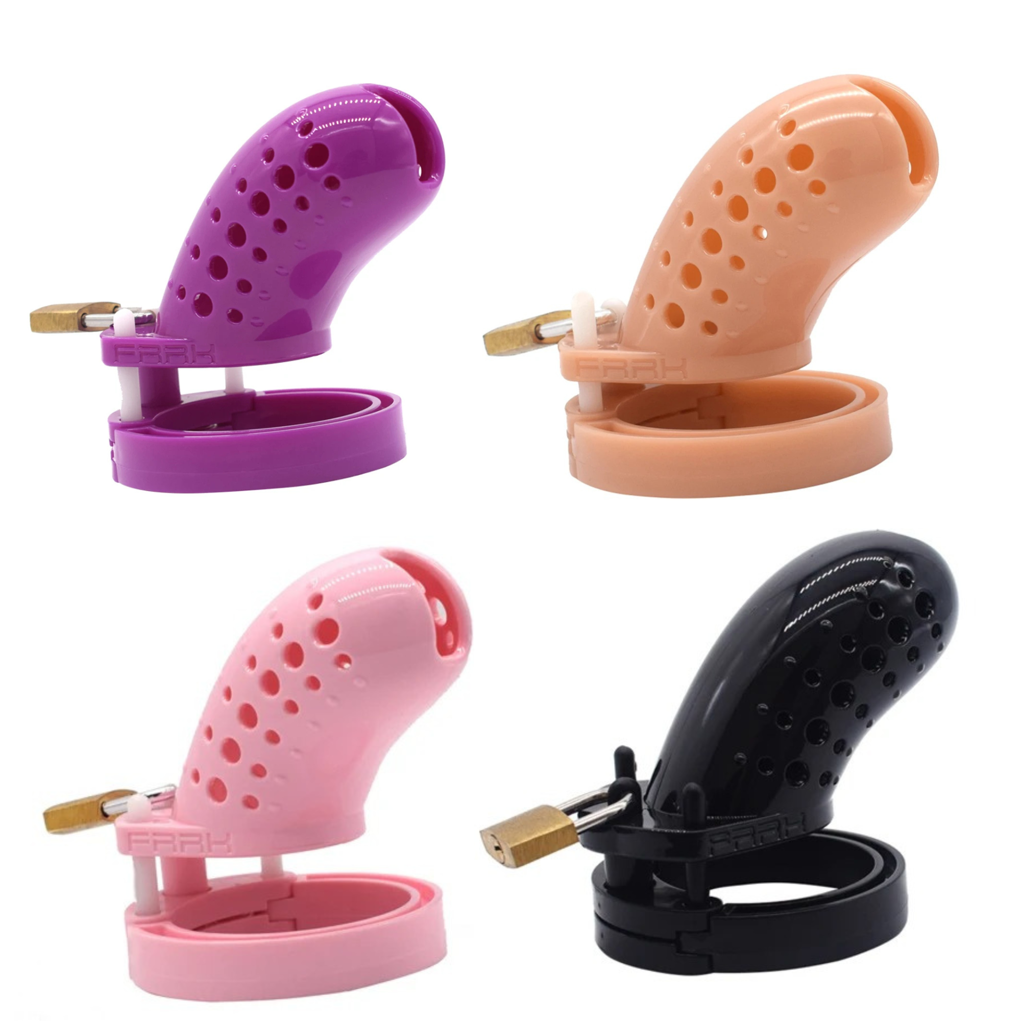 Porous Male Chastity Cage with 5 Rings – Lightweight Device with Brass Lock & Tags