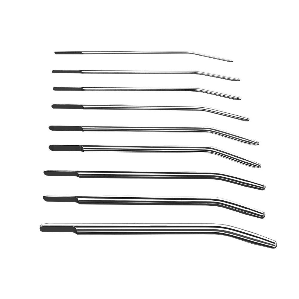 9-size male urethral sounding dilator set in curved arc stainless steel, all pieces shown together