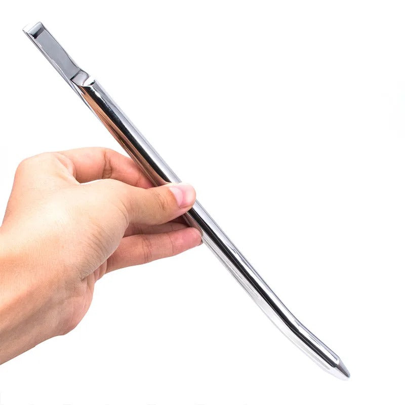 Stainless steel curved urethral dilators displayed from thinnest to thickest to show progressive sizing (9 sizes)