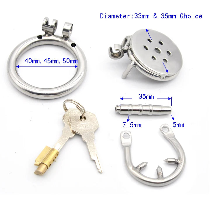 Super Small Stainless Steel Male Chastity Device Set with Metal Silicone Catheter