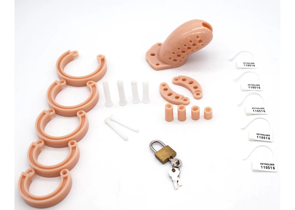 Porous Male Chastity Cage with 5 Rings – Lightweight Device with Brass Lock & Tags