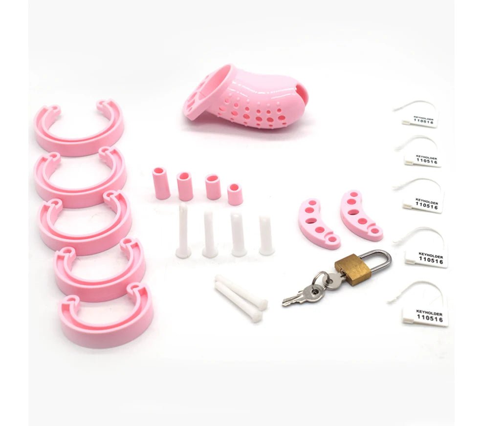 Porous Male Chastity Cage with 5 Rings – Lightweight Device with Brass Lock & Tags