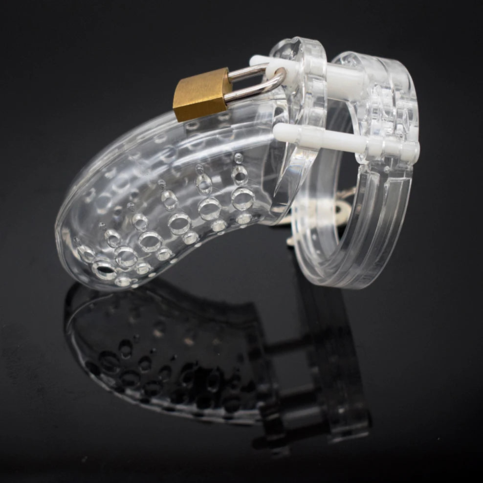 Porous Male Chastity Cage with 5 Rings – Lightweight Device with Brass Lock & Tags