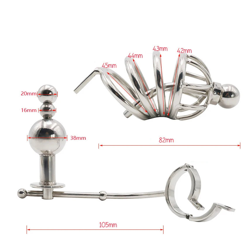 Men’s Stainless Steel Chastity Device with Anal Plug & Beads