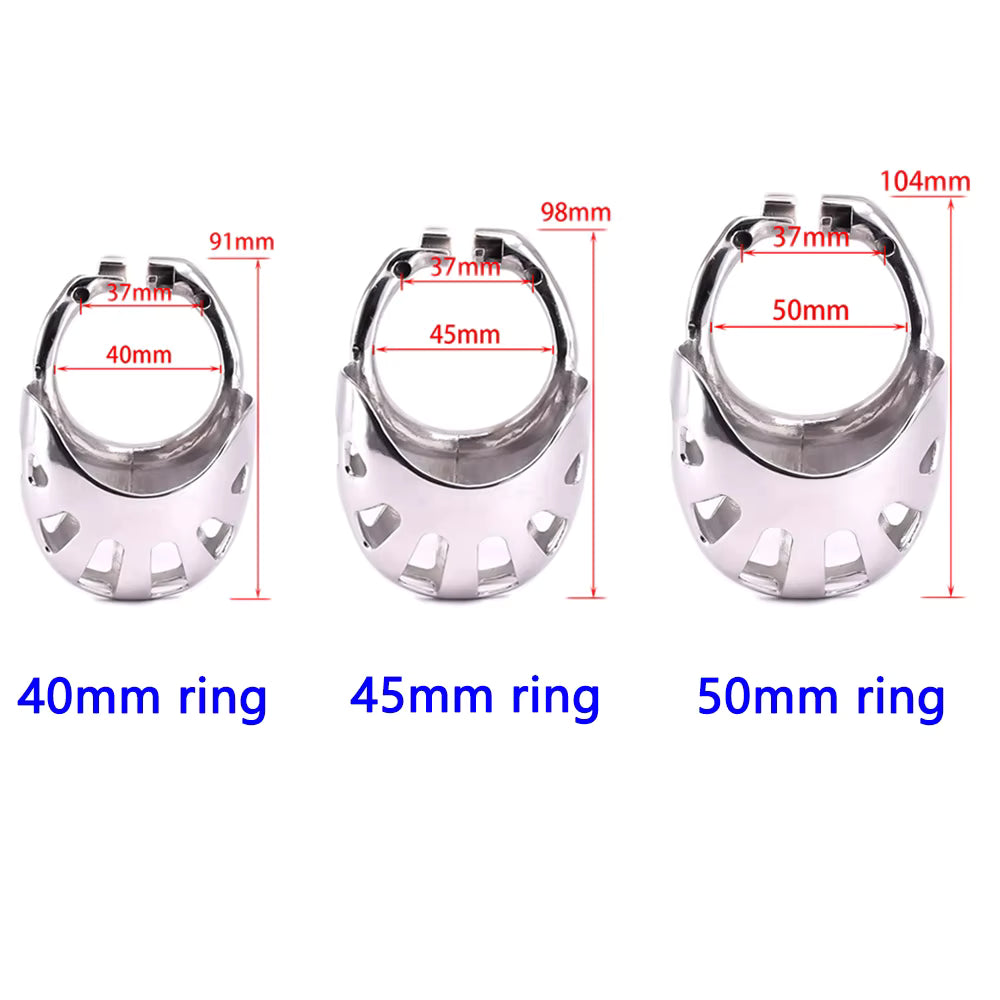 Short Stainless Steel Chastity Cage with Scrotum Pouch – Arc Ring Metal Device for Men
