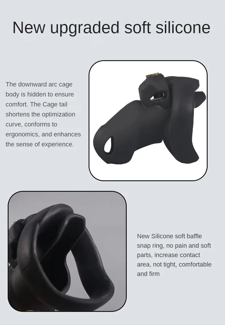 New Model Silicone Male Chastity Cage – Lightweight Lock with 5 Rings, Black & Pink