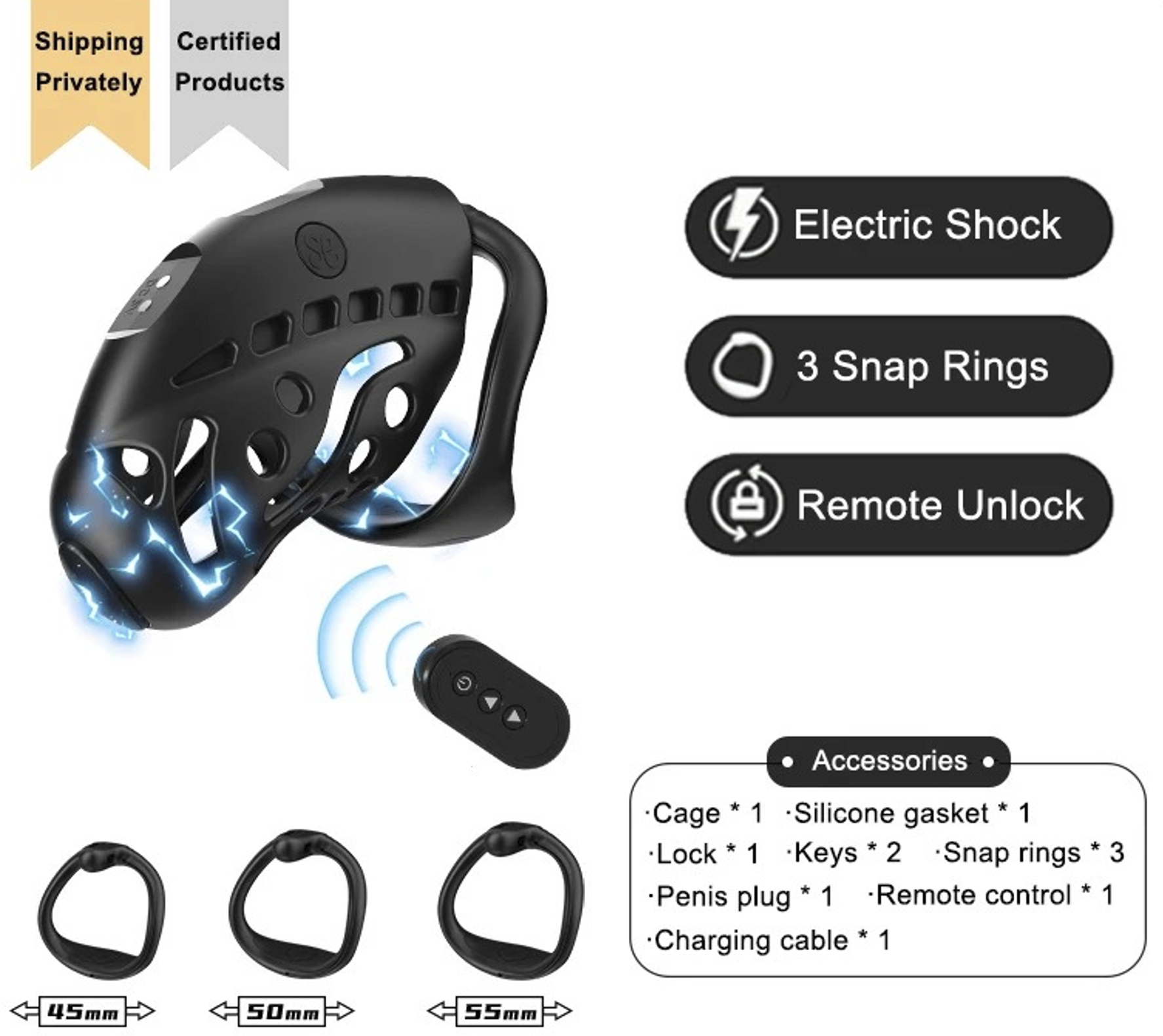 Remote Control Electric Chastity Cage – Male Locking Device with Plug & Adjustable Rings