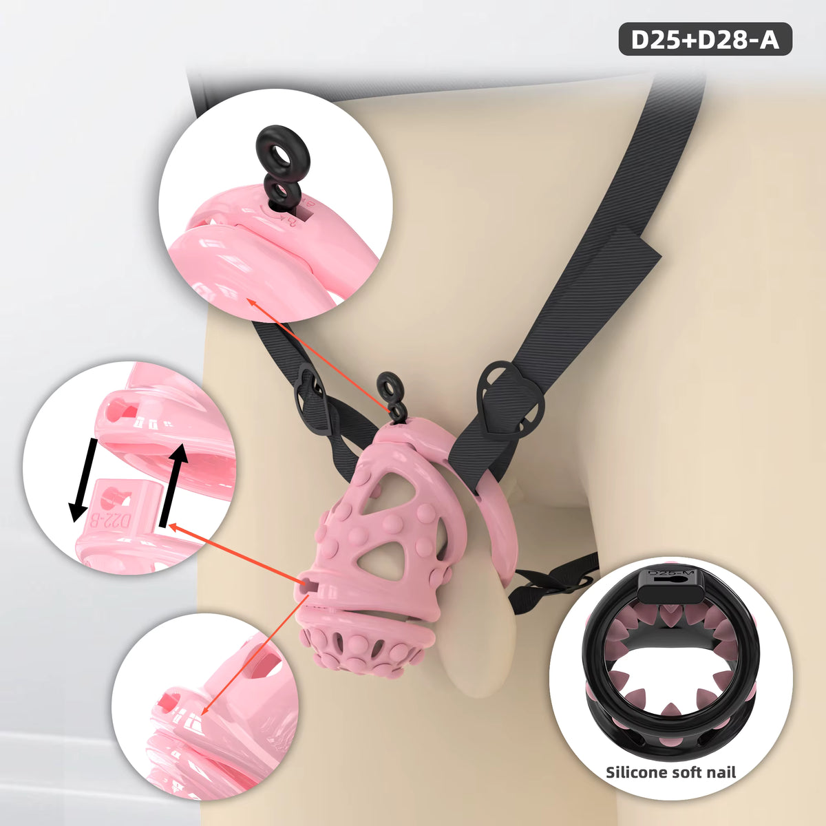 New Male Chastity Cage with Soft Studs, Urethral Sound Plug & 6 Interchangeable Rings