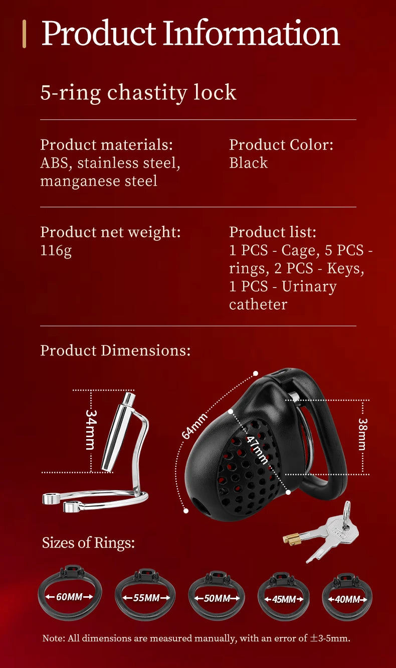 Resin Male Chastity Cage with Lock – Breathable Design with 5 Adjustable Rings