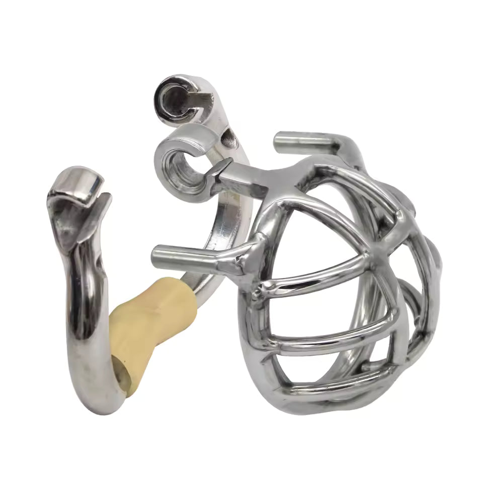 Stealth lock detail on stainless steel chastity device
