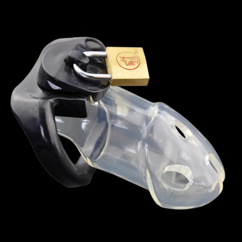 Adjustable male chastity cage with three interchangeable rings and secure lock