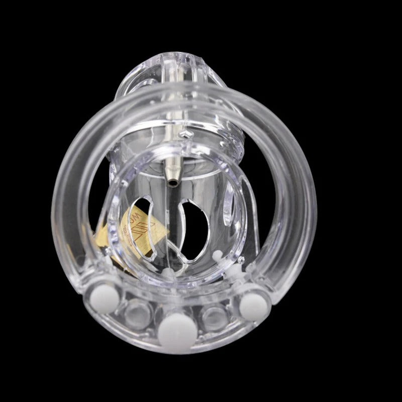 Adjustable male chastity cage with catheter, brass padlock and keys