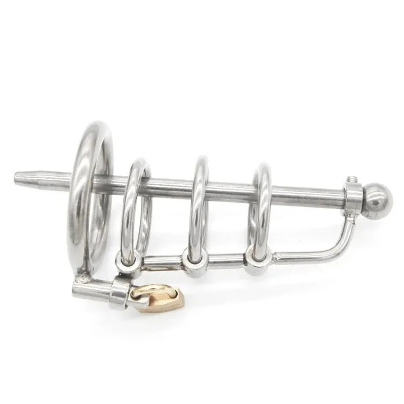 3 Ring Stainless Steel Male Chastity Device with Catheter