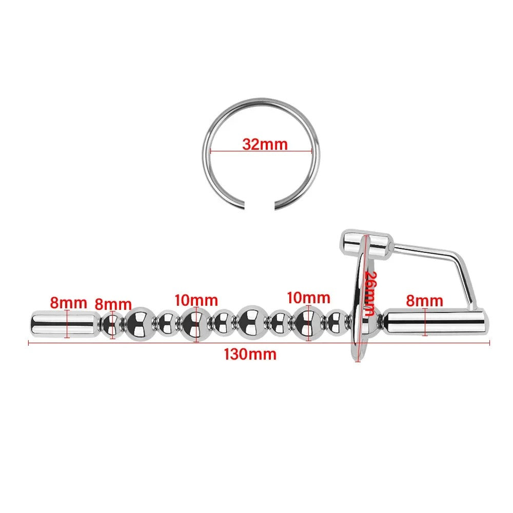 Close-up of the beaded shaft on stainless steel urethral sound, designed for textured internal stimulation