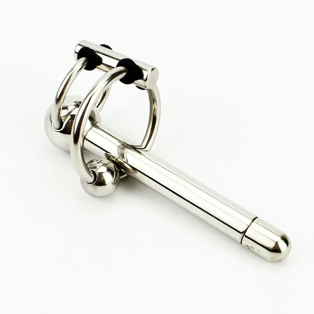 Curved profile view of long stainless steel urethral sound for chastity play and controlled insertion