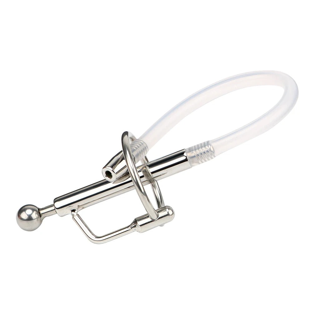 Ring detail from stainless steel urethral catheter sound set for men, designed to sit externally for added control
