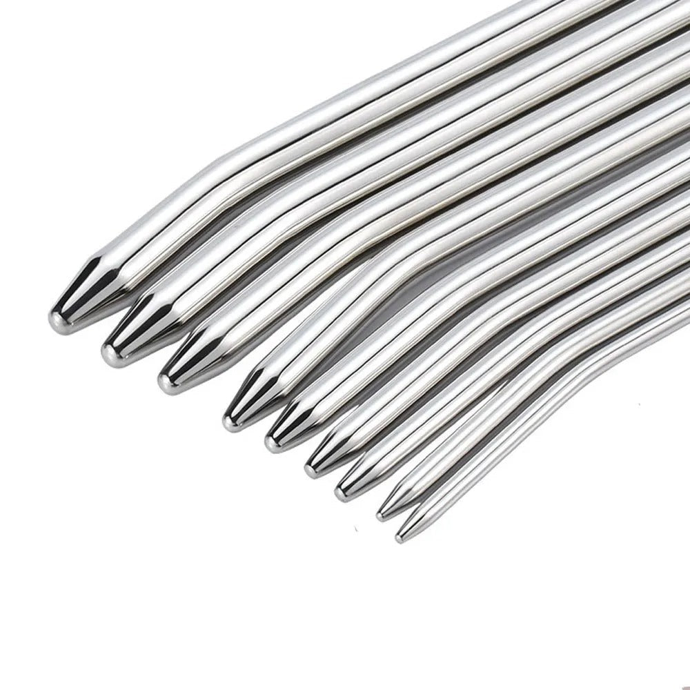 Angled studio photo of curved arc stainless steel urethral sounding dilator rods, polished reflective finish