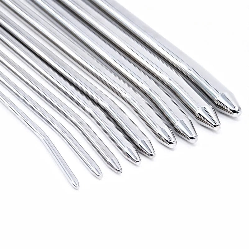 Handle/end detail of curved arc stainless steel urethral sounding rod designed for easier grip and safer control