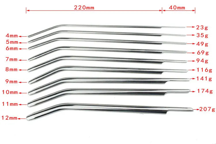 Curved arc stainless steel urethral sounding rods arranged in a fan layout to show 9 different sizes