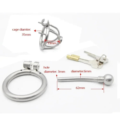 304 Stainless Steel Chastity Device | Small Cage + Catheter (40–50mm Rings)