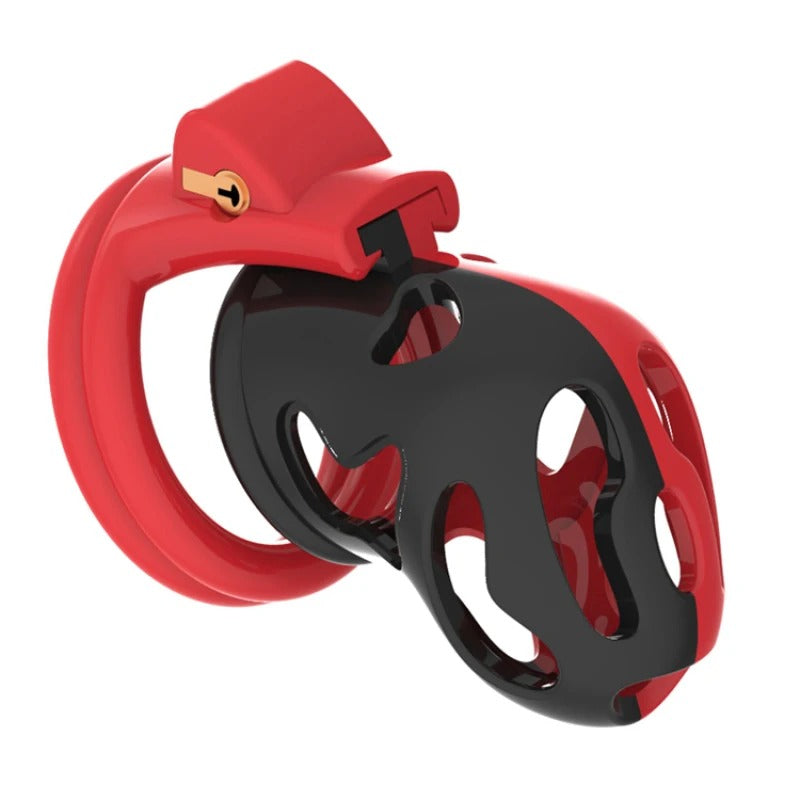Ergonomic double ring male chastity device in red and black