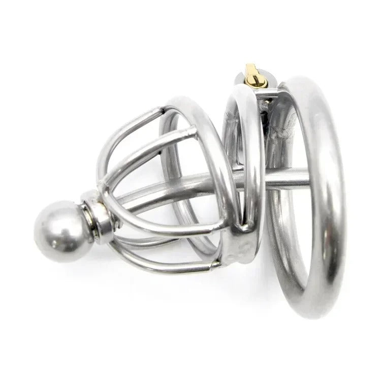 Male 304 Stainless Steel Chastity Device with Urethra Catheter Medium Cage
