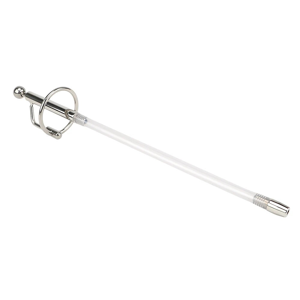 Flexible tube connection detail on men’s urethral catheter sound kit, showing how the tube attaches to the metal tip