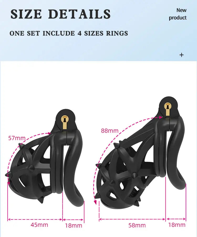 Hedgehog chastity device complete set with cage rings and lock