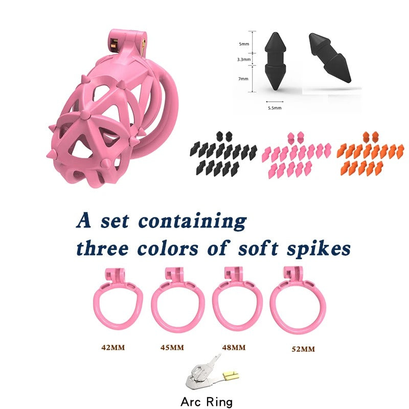 Pink hedgehog male chastity cage with ergonomic base ring