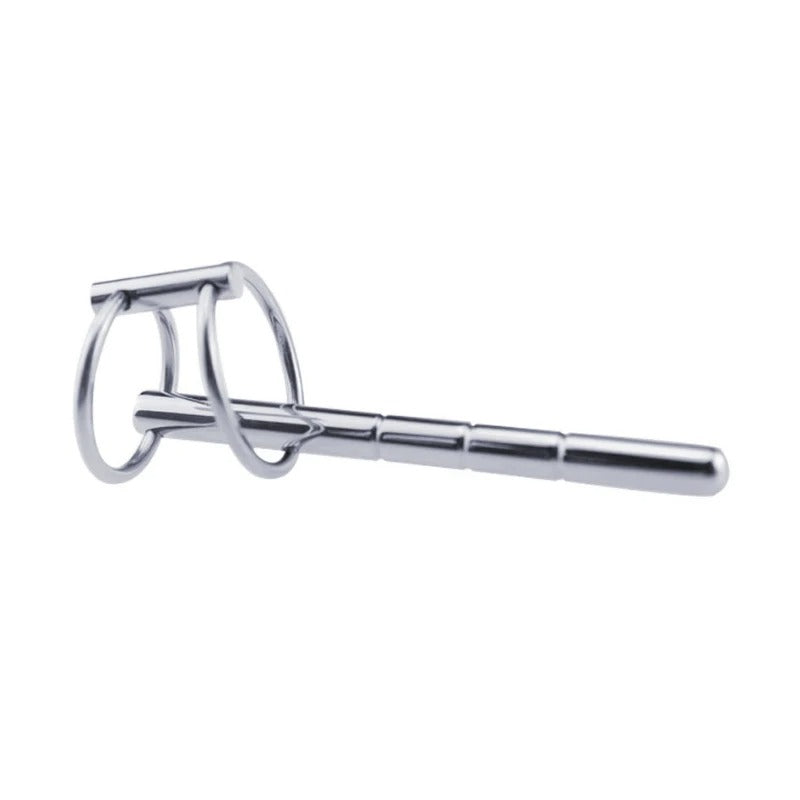 End/handle detail of stainless steel urethral sound penis plug designed for safer grip and removal