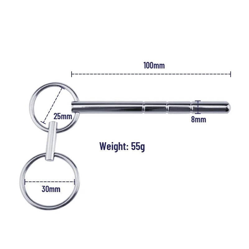 Close-up of the horse-eye shaped tip on a stainless steel urethral sounding rod for controlled insertion