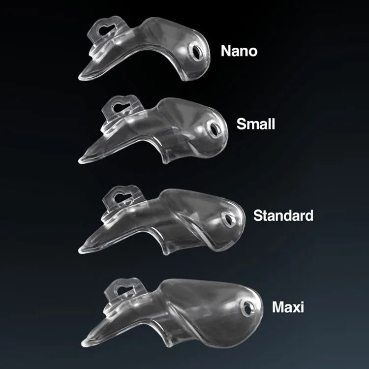 HT-V3 resin chastity device available in clear black and pink colors