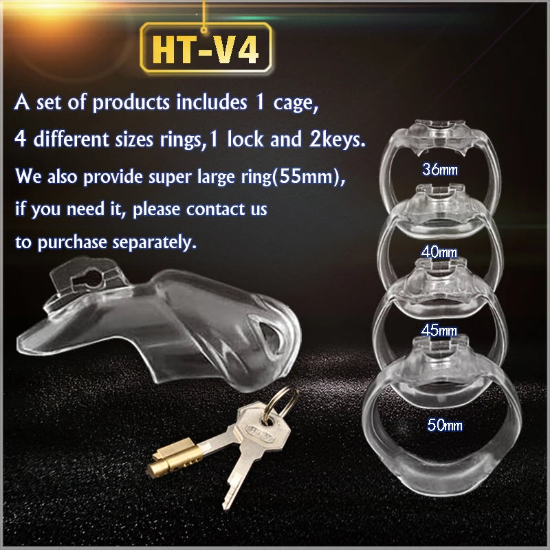 HT-V4 male chastity device with four different ring sizes