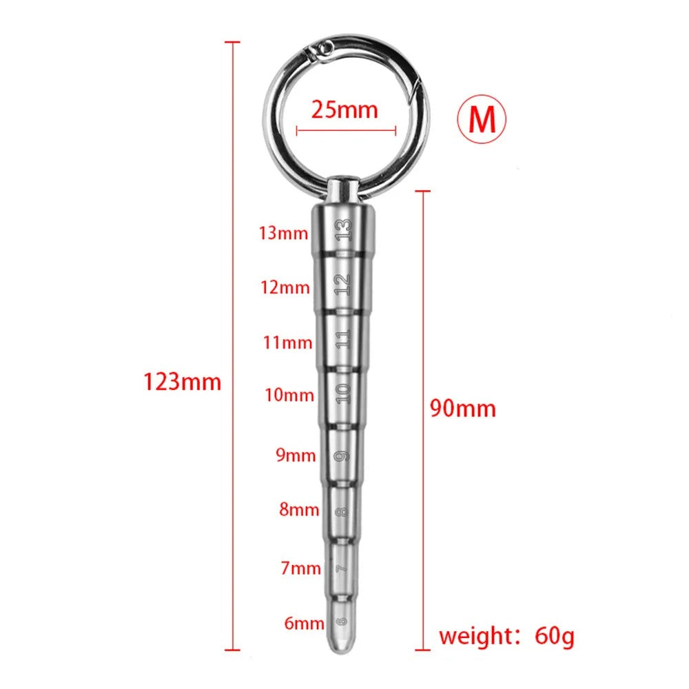 Angled studio photo of men’s stainless steel urethral plug dilator with integrated measurement scale and reflective finish