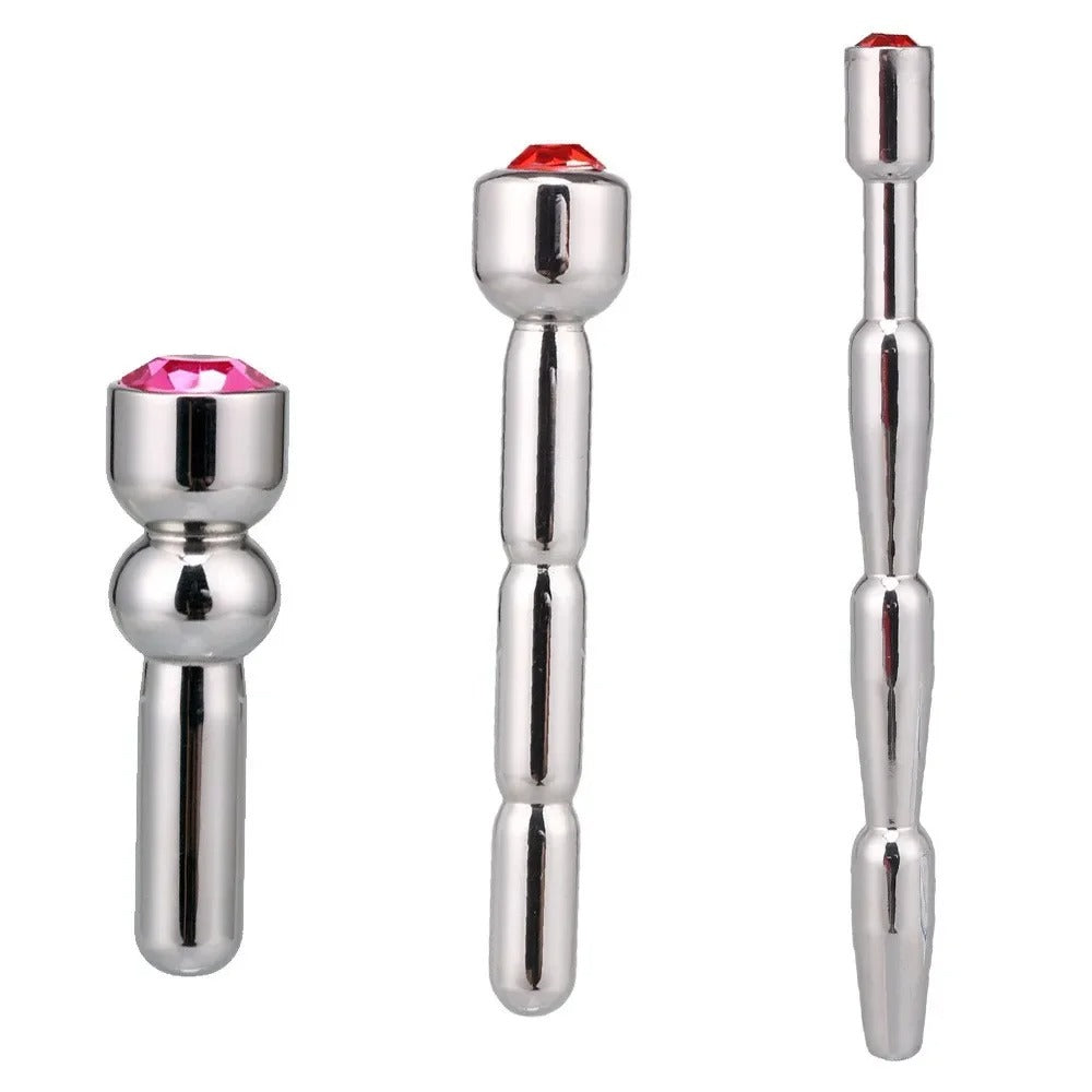 Stainless steel urethral sound dilator jewelry set for men with smooth head plug and gem-style top, full view