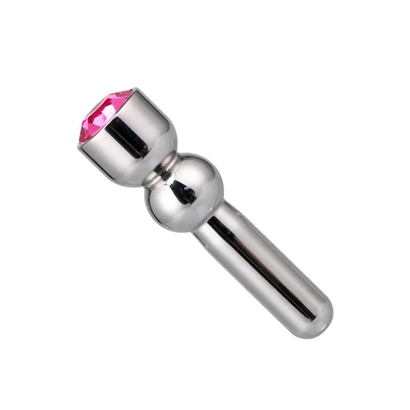 Long stainless steel urethral sound dilator jewelry with smooth head plug and stepped shaft, profile view