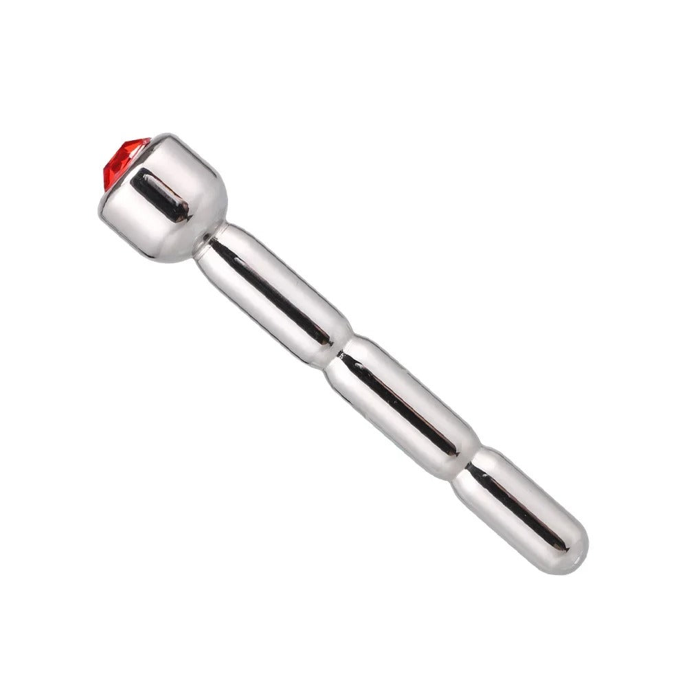 Medium-length stainless steel urethral sound dilator with smooth head and decorative jewel top, front view