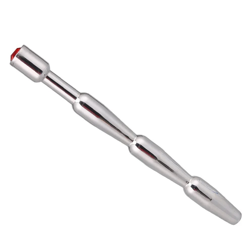 Short stainless steel urethral plug with jeweled cap and smooth rounded shaft, single item view