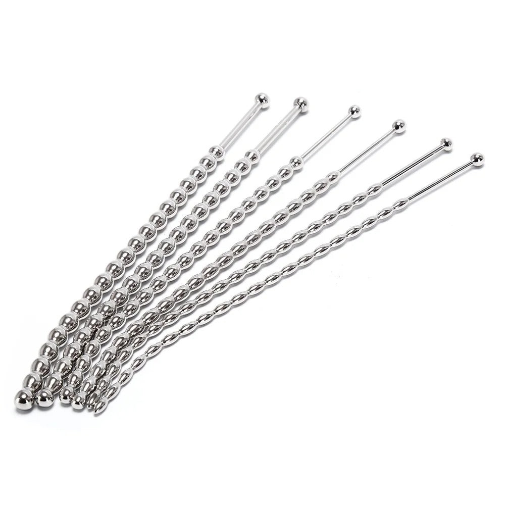 Long stainless steel urethral beads set for men, diameter options 5mm to 10mm, arranged fan-style