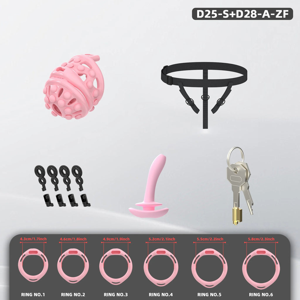 New Male Chastity Cage with Soft Studs, Urethral Sound Plug & 6 Interchangeable Rings
