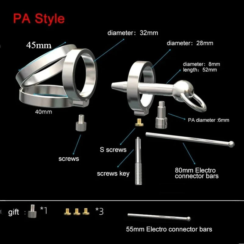 Stainless Steel Male Chastity Cage Set — PA Urethral Tube
