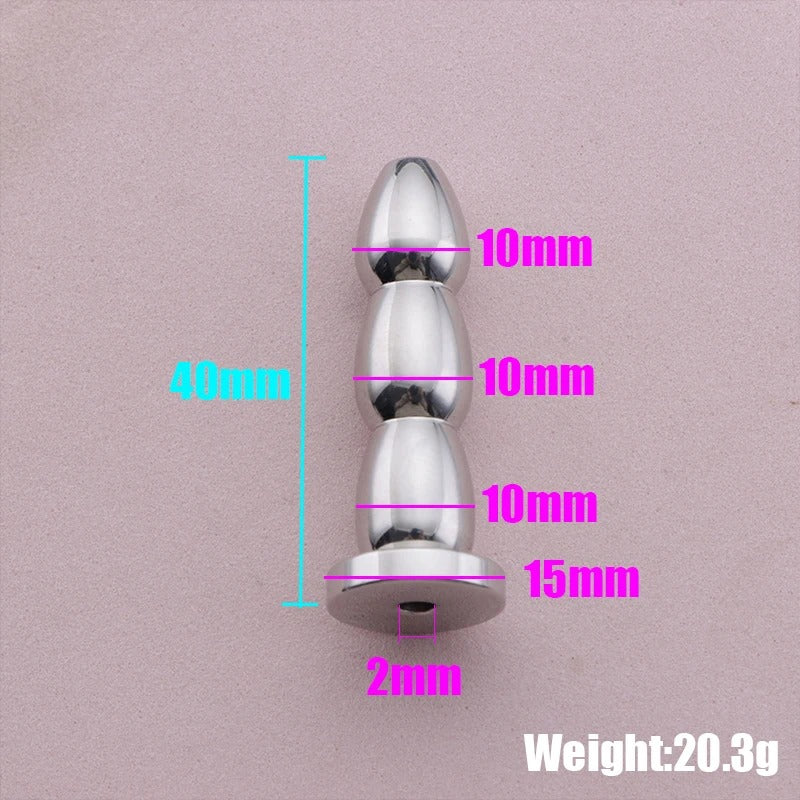 Stainless Steel Hollow Urethral Sound with 3 Beads – Penis Plug Dilator for Men