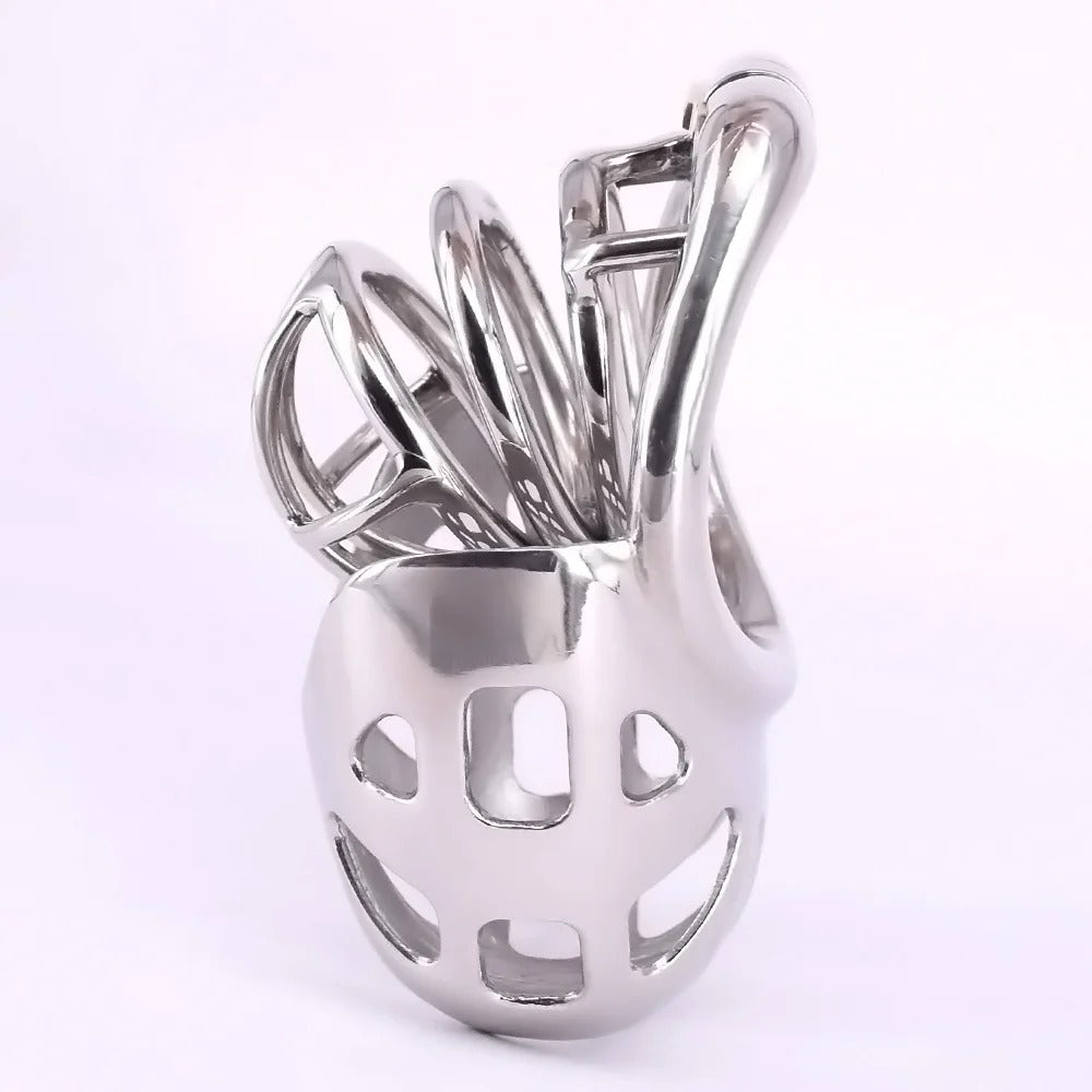Short Stainless Steel Chastity Cage with Scrotum Pouch – Arc Ring Metal Device for Men