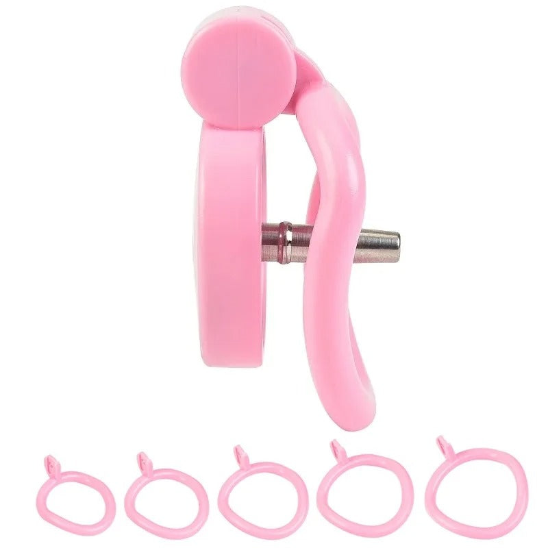 Small Male Chastity Cage Set with 5 Rings & Urethral Sound Plug Pink / Black
