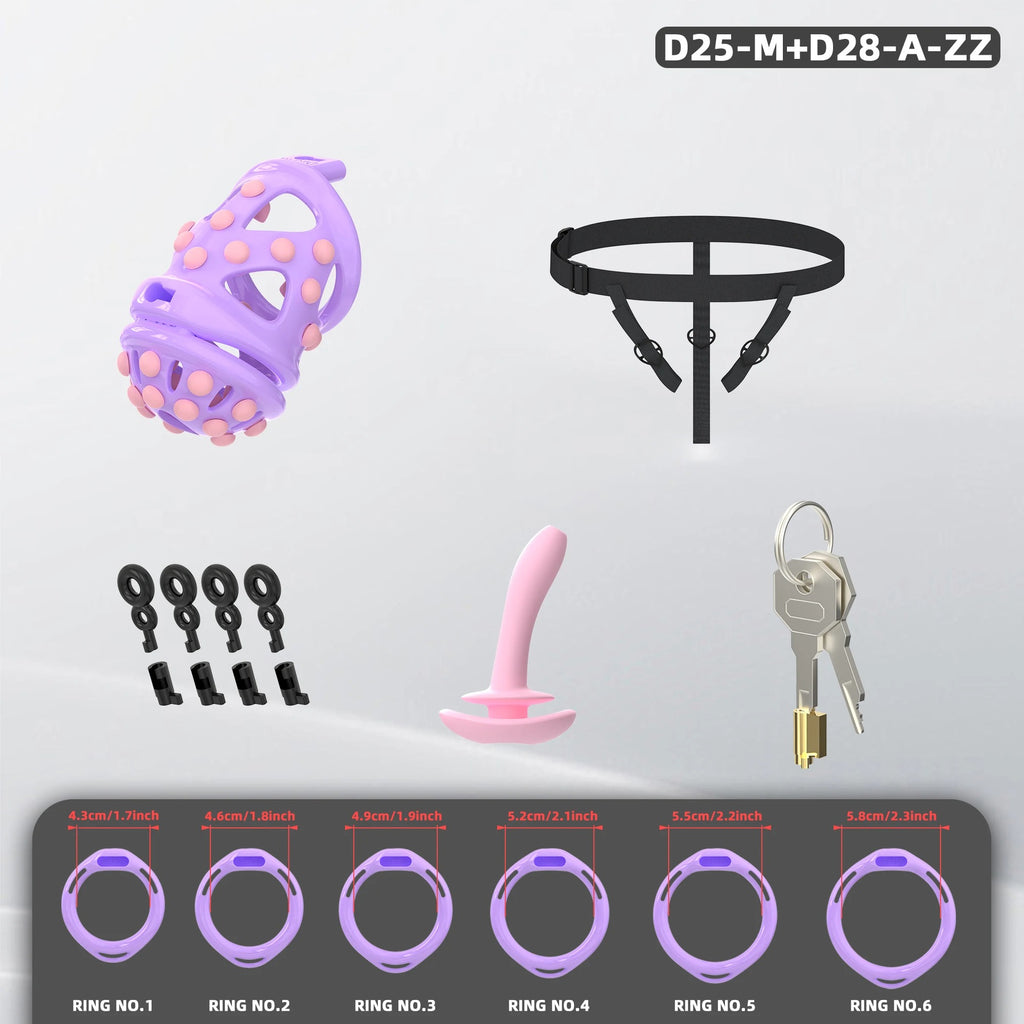 New Male Chastity Cage with Soft Studs, Urethral Sound Plug & 6 Interchangeable Rings