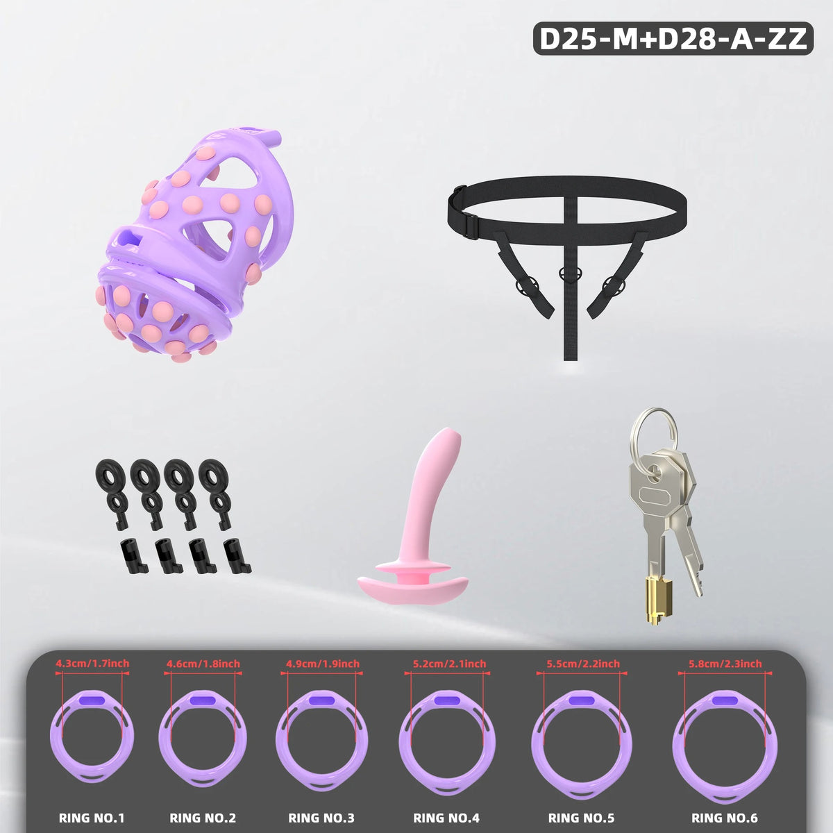 New Male Chastity Cage with Soft Studs, Urethral Sound Plug & 6 Interchangeable Rings