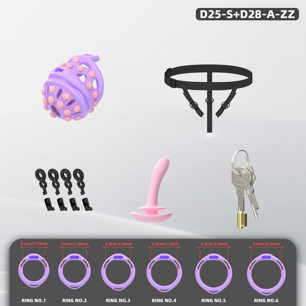 New Male Chastity Cage with Soft Studs, Urethral Sound Plug & 6 Interchangeable Rings